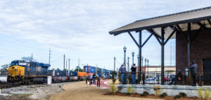 Train-watching platform structure with container freight train