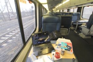 Interior of a passenger train table