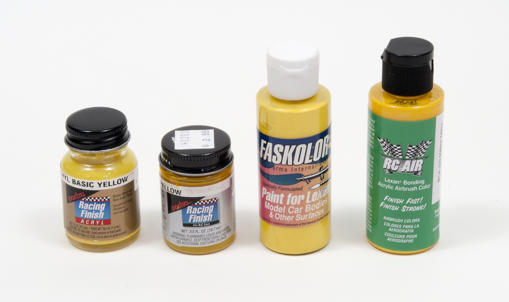 Yellow RC car body paint from Pactra (acrylic and organic solvent-based), Faskolor, and Badger.