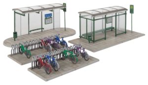 Two bus shelters and bike racks