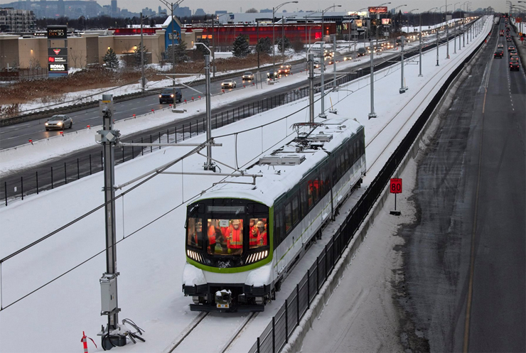 Rail transit vehicle in snow