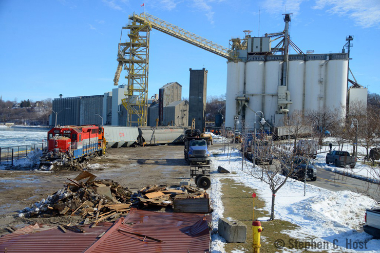 Derailed train by grain elevator