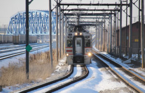 Electric commuter train in snow