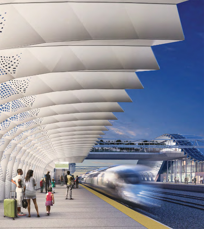 An illustration from the California High-Speed Rail Authority's new business plan shows a station for the high speed line. California High-Speed Rail Authority