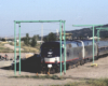 Amtrak train parked on a siding.