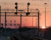 Low angle sunlight glints over rails and signals in a rail yard.