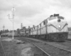 Streamlined and road-switcher diesel locomotives on freight train