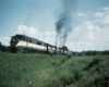 Streamlined and road-switcher diesel locomotives on freight train