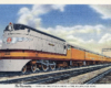 Image of a gray-and-orange steam locomotive at the head of a passenger train.