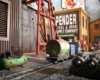 A man on a small industrial shifter moving a tank car on narrow gauge tracks is dwarfed by surrounding industrial buildings