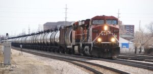 Crude oil train pulling a long line of cars