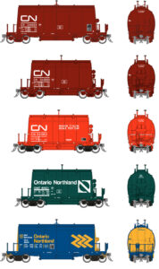 Five barrel ore hopper cars in various cars