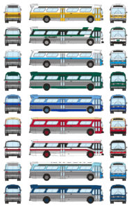 Nine new look buses in various colors