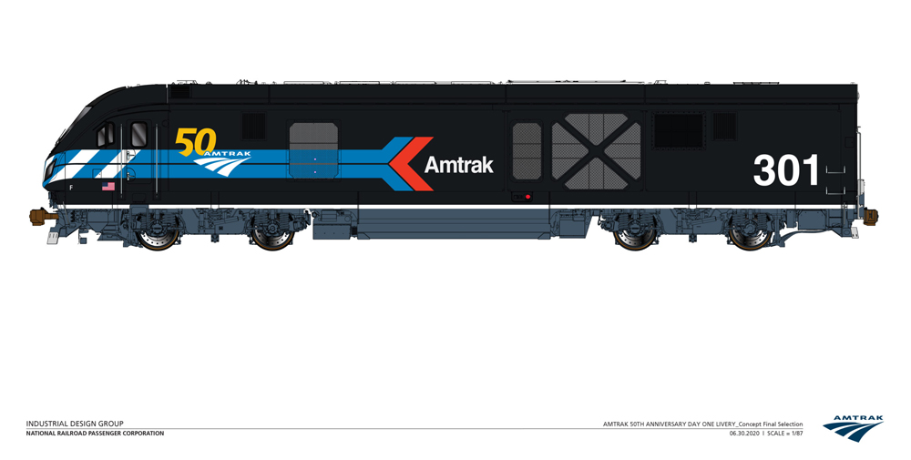 Amtrak locomotive in black paint scheme