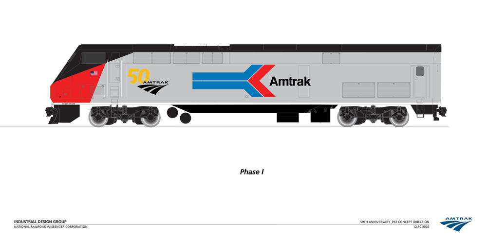 Drawing of Amtrak engine with anniversary paint scheme