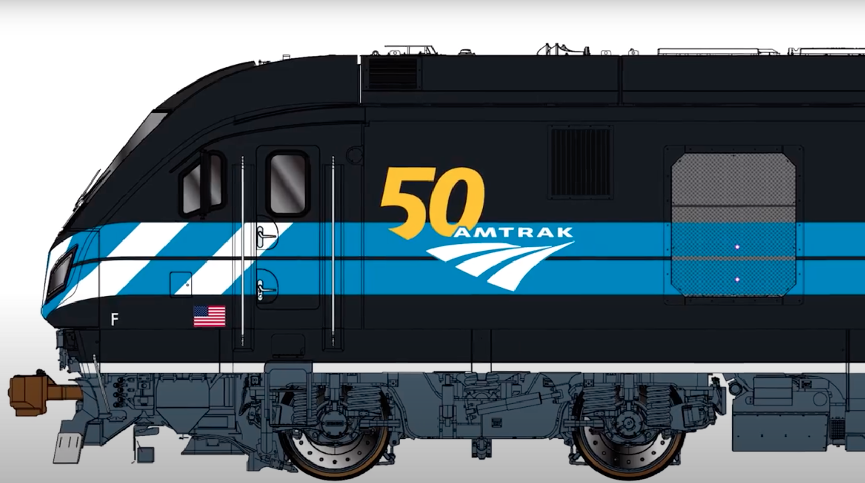 Side-view front portion of an illustration of an Amtrak locomotive in a new, blue paint scheme.