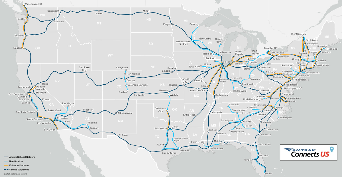 Map of U.S. with current and proposed Amtrak lines