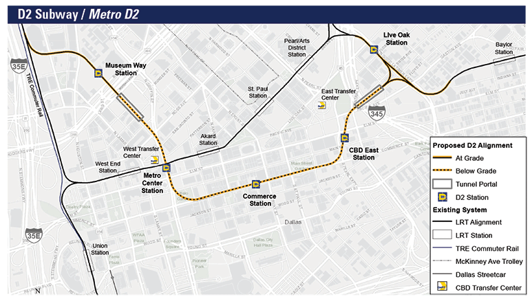 Map of proposed Dallas D2 subway line