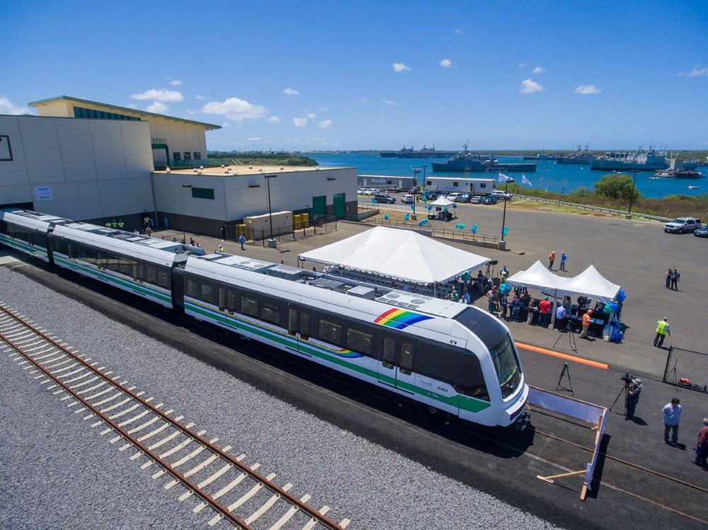 Aerial view of light rail train