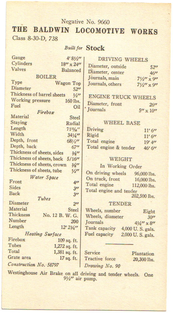 Locomotive classification and specifications from a Baldwin Photo Specification card, for a 2-6-0 built in 1925.