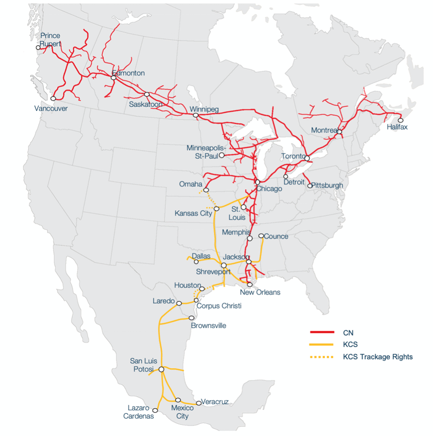 Map showing Canadian Naitonal and Kansas City Southern systems