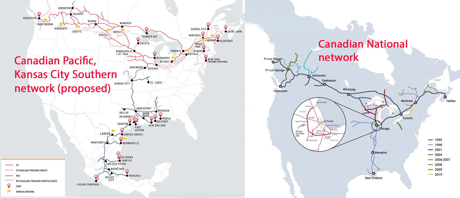 Side-by-side maps of North America showing respective routes of the railroads mentioned.