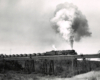 Articulated steam locomotive with freight train on bridge