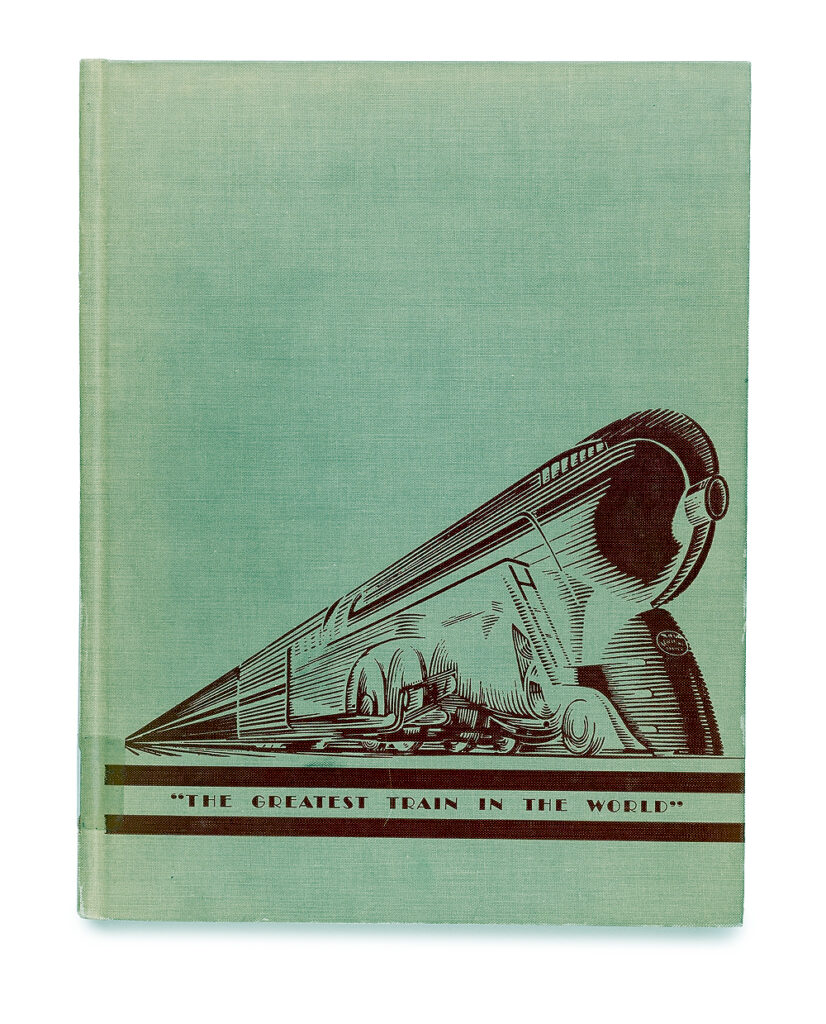 A green book cover featuring a streamlined steam locomotive