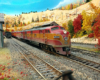 EMD E7A pulls red and orange Southern Pacific Daylight along two-track main line through western mountain scene in fall