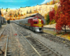 Santa Fe F3 diesels in red and silver warbonnet scheme pull stainless stee passenger traind toward right along two-track main line through western mountain scene in fall