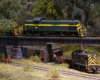 A green road diesel leads a train over a steel girder bridge above a black diesel switcher with its own train