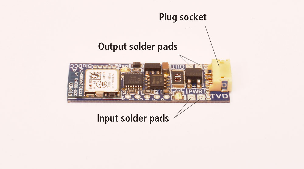 BlueRailDCC board, .57 inches by 1.5 inches, socket for connection plug on right