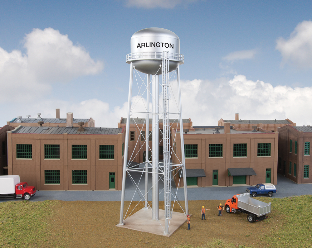 Water tower in front of a building