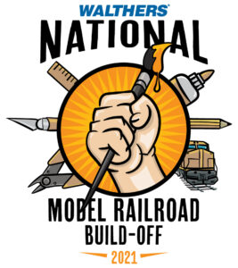 Color illustration of a clenched fist holding a paint brush over a sunburst and surrounded by tools and a locomotive — Walthers' official contest logo.