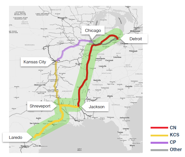 Map comparing routes between Larado and Chicago/Detroit via KCS-Canadian National and KCS-Canadian Pacific