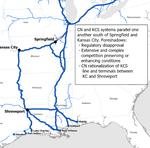 Map showing parallel routes of combined CN-KCS systems south and east of Kansas City