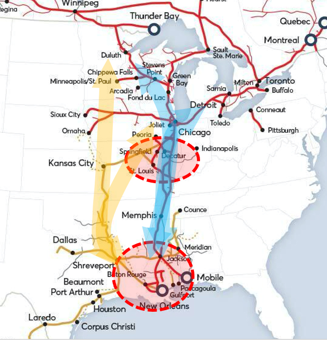 Map of central U.S. highlighting areas where Canadian Pacific says Kansas City Southern and Canadian National routes overlap