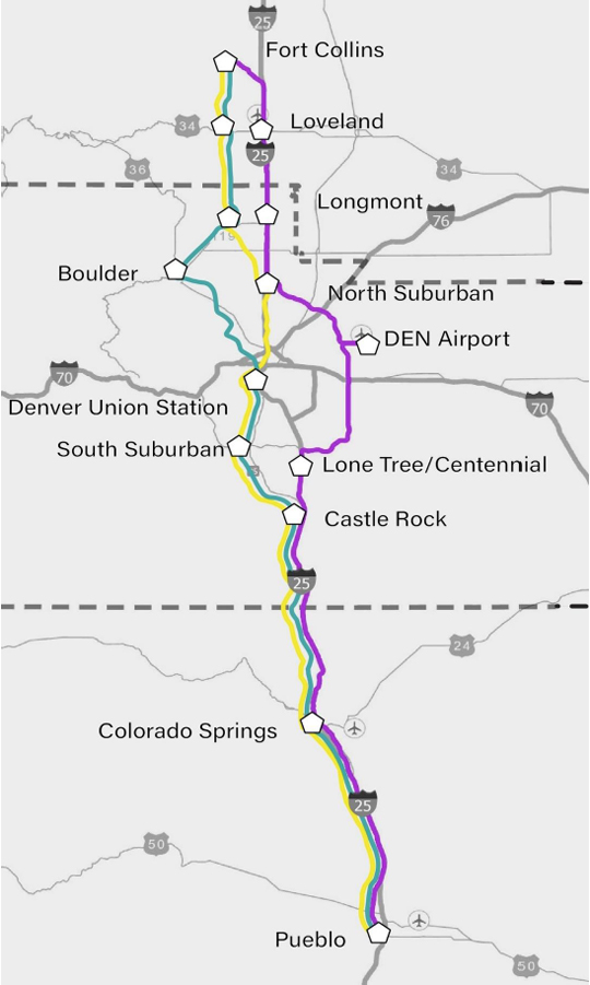 Map showing three alternatives for North-South passenger rail service in Colorado