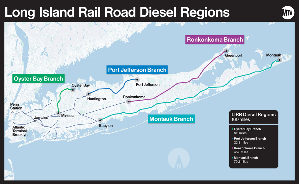 Map of Long Island Rail Road branches using diesel power
