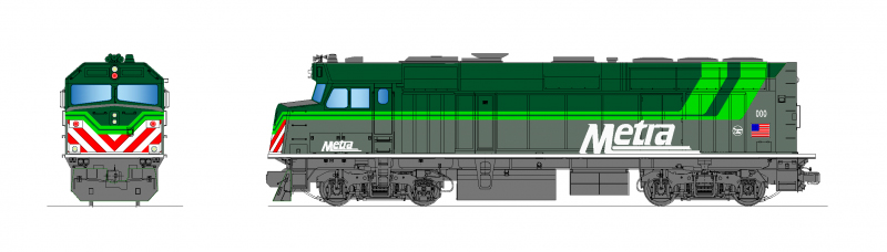 Illustration of Metra locomotive in green versioin of paint scheme