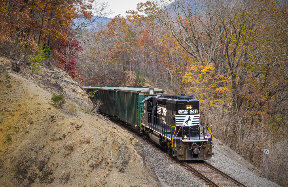 Black locomotive pulling cars of trash through fall colors