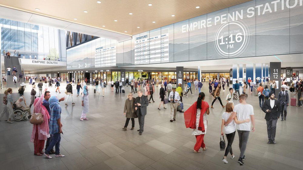 Artists conception of wide concourse of train station