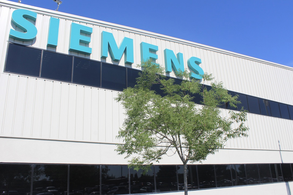 White building with Siemens sign.