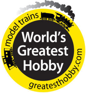 Yellow-black World's Greatest Hobby logo featuring an illustrated steam locomotive and caboose.