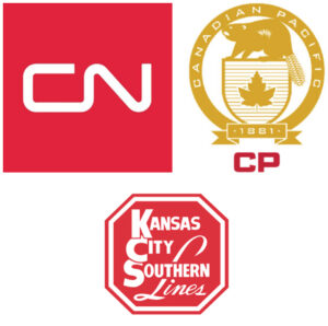 Logos for Canadian National, Canadian Pacific, and Kansas City Southern