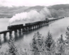 Steam locomotive with freight train crossing long, low bridge.