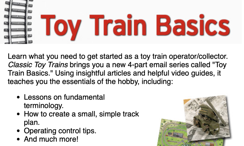 Screen image of introductory text and images of toy train email beginners series pitch.