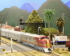 A red-and-silver Santa Fe diesel leads a streamlined passenger train through a California scene