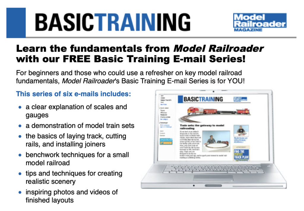 Screen image showing text and images from Model Railroader's beginner email series pitch.