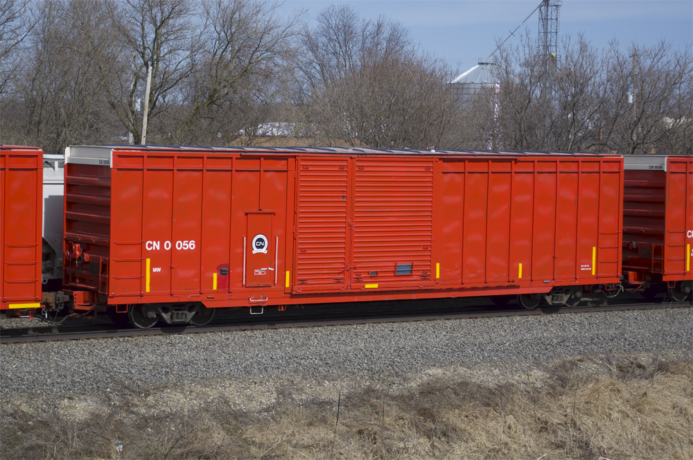 Right side of Canadian National distributed braking car no. 0056